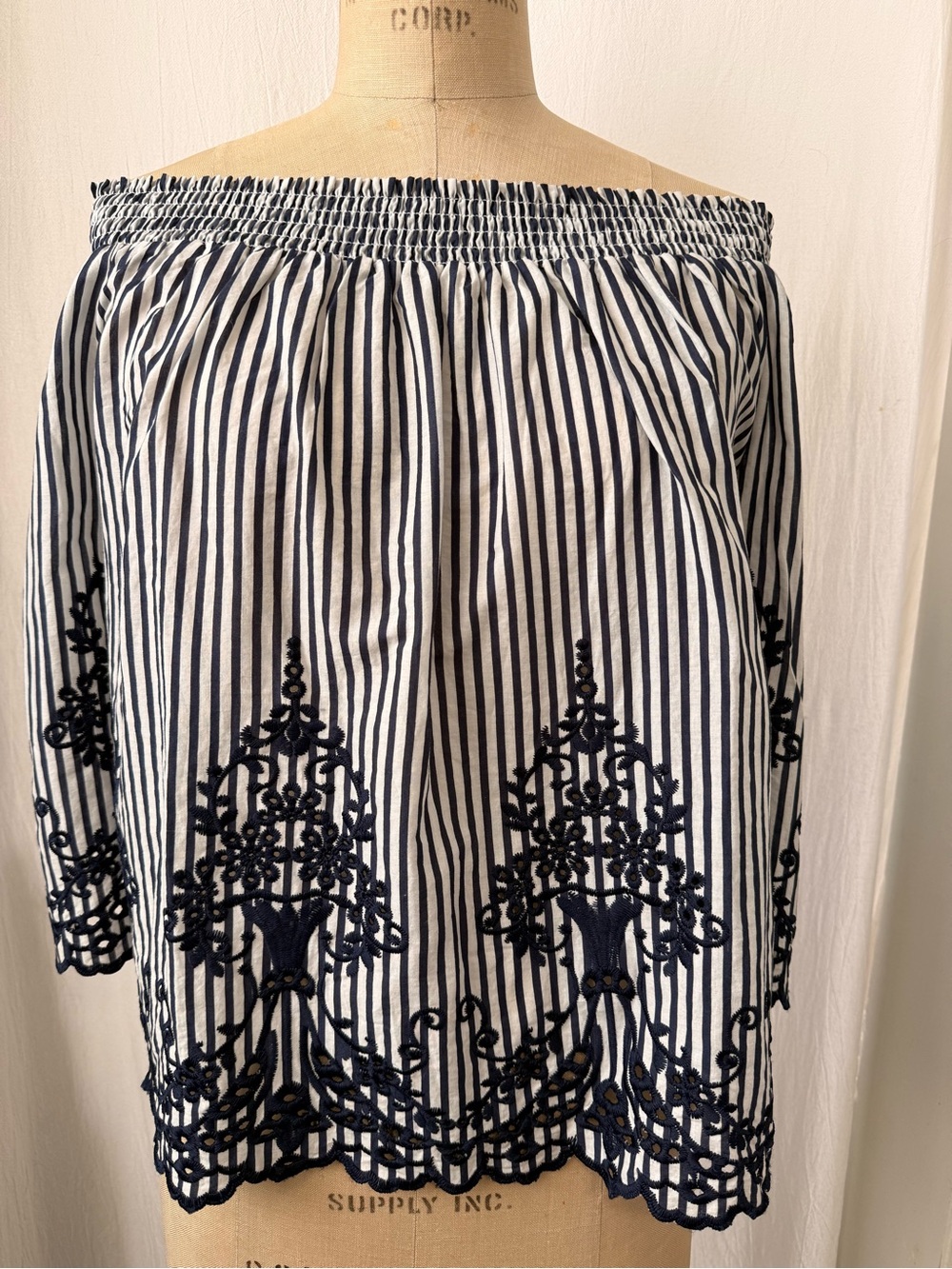 Orsay, Cotton Bare Shoulder, Striped, Embroidered Top, sz 38 (US 6)